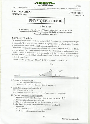 Sujet de Physique-Chimie BAC D 2017