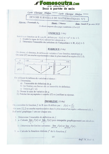 Devoir Mathématiques Terminale A