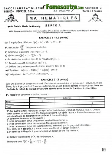 Sujet Maths BAC blanc série A1 Lycée Sainte Marie de Cocody 2014