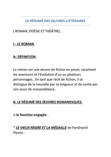 Document de Resumes Des Œuvres Litteraires (Theatre, roman et poesie) By Tehua