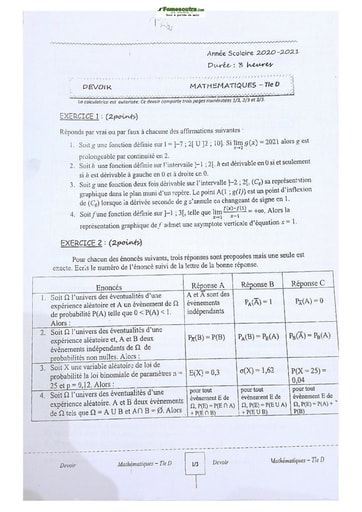 Sujets de Maths Lycée Classique d'Abidjan série D 2022