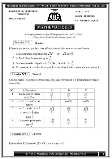 DEVOIR de fin du trimestre  Maths CMA première D