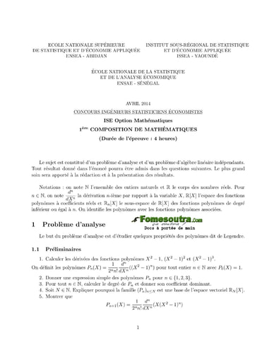 Sujet 1ère épreuve de maths ISE option maths 2014 (ENSEA - ISSEA- ENSAE)