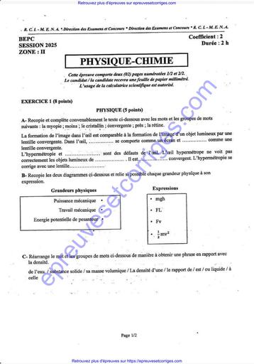 Preuve et Corrigé de Physique Chimie – BEPC Session 2025 Zone 2