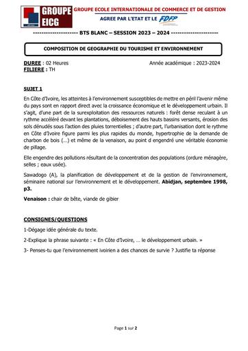 COMPOSITION DE GEOGRAPHIE DU TOURISME ET ENVIRONNEMENT - SUJET BTS TH GEOGRAPHIE By Ludov Ta'n