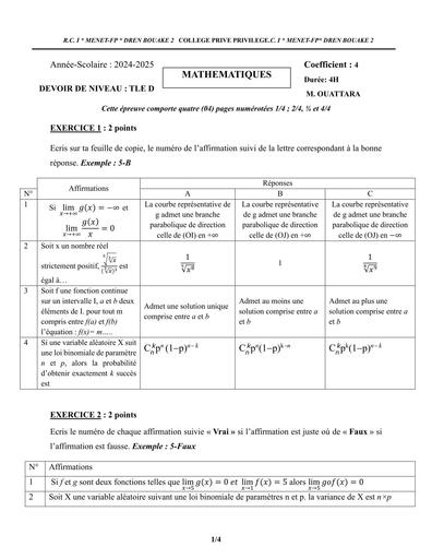 DEVOIR N°1 MATHS Tle D COLLEGE PRIVILEGE DE BOUAKE BY TEHUA