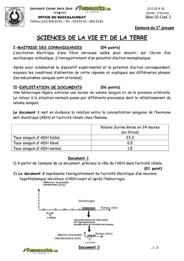 Sujet de SVT du BAC S1 2012 - Sénégal