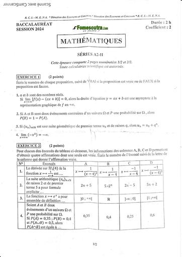 SUJET+CORRIGE BAC 2024 MATHS SERIE A2 BY TEHUA