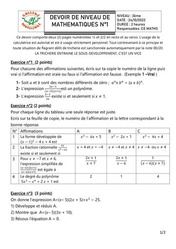 DEVOIR MATHS 3eme DU 24 OCTOBRE 2022 By DJAHA