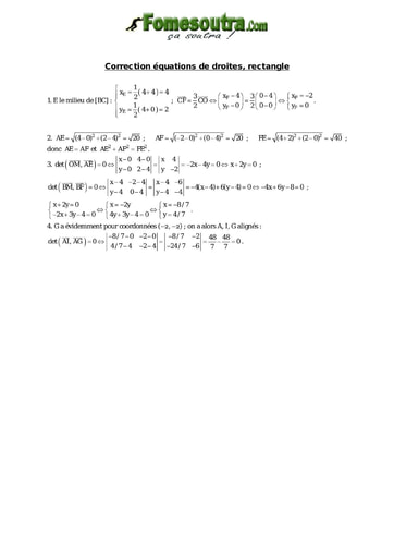 Corrigé Corrigé Equations de droites, rectangle - Maths niveau 2nd C - Maths niveau 2nd C