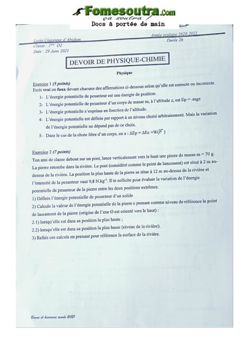 Sujet de Physique Chimie Première D LCA 2020-2021