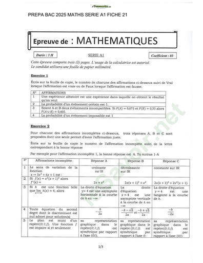 PREPA BAC 2025 MATHS SERIE A1 SUJET 21 BY TEHUA