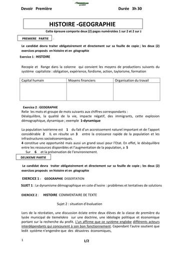 DEVOIR HISTOIRE GEOGRAPHIE NIVEAU 1ière BY TEHUA
