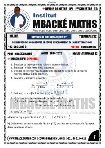 DEVOIR MATHS N°1 PREMIERE SEMESTRE 2024 2025 Tle S BY TEHUA