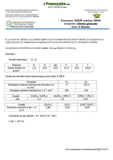 Sujet de Chimie générale concours A2GP 2016