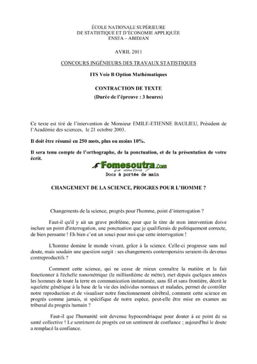 Sujet de Contraction de texte ITS B option Maths 2011 (ENSEA)