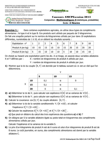 Sujet de Mathématiques 6 concours AMCPE 2013