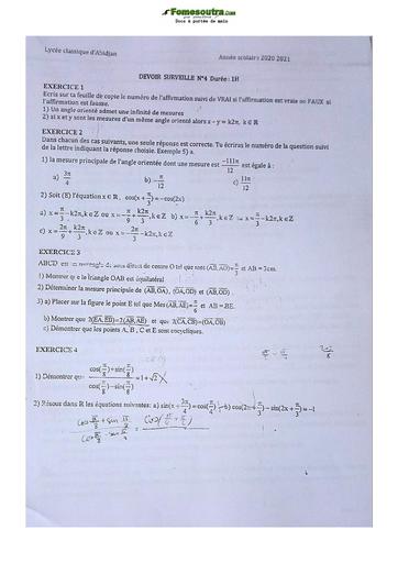 Sujet de Mathématiques Terminale D Lycée Classique 2021-2022