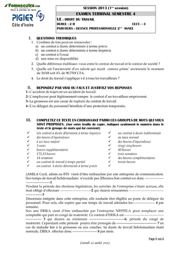 Sujet Droit du travail - Licence professionnelle 2eme année - PIGIER (2013)