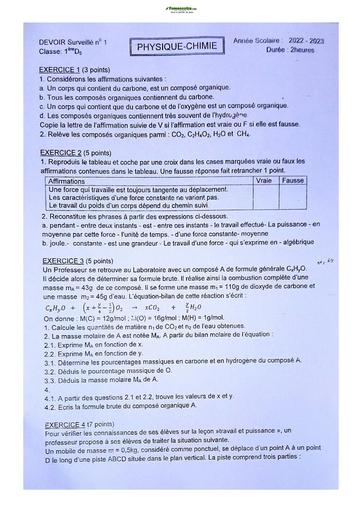 Sujet de Physique-Chimie Niveau Première D Lycée Classique Abidjan 2022-2023