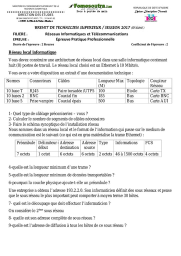 Epreuve Pratique Professionnelle BTS blanc 2017 - Filière Réseaux Informatiques et Télécommunications