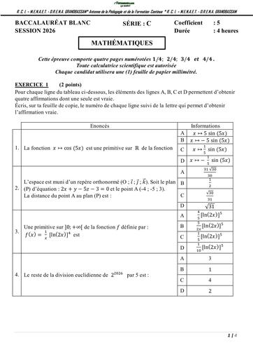 BAC BLANC 2026 MATHS SERIE C SUJET Grand bassam BY TEHUA
