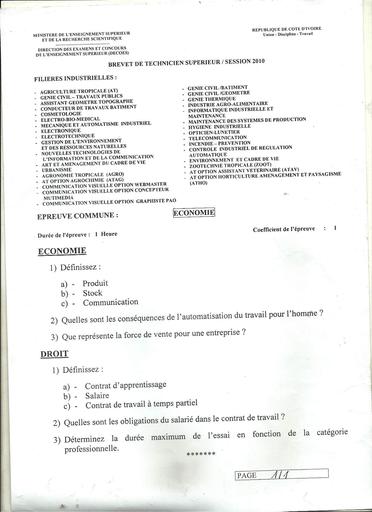 Epreuve d'economie droit bts 2010 filière industrielle