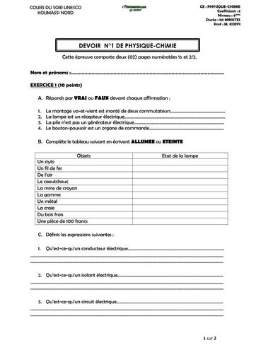 DEVOIR DE PC 6ième COURS DU SOIR UNESCO KOUMASSI 2026 BY TEHUA