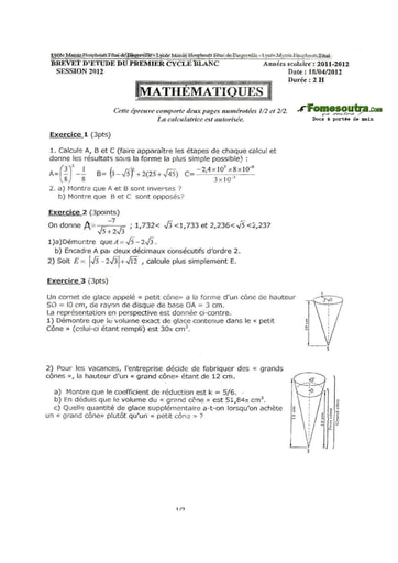 Sujet de maths BEPC blanc 2012 Lycée Mamie Faitai de Bingerville