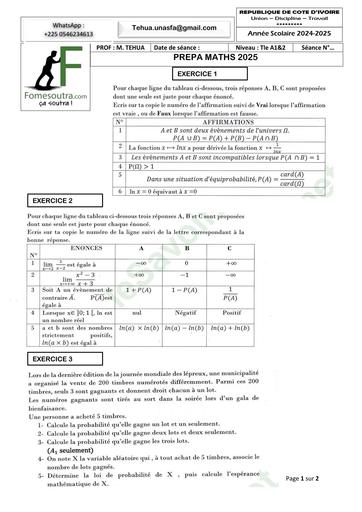 PREPA BAC MAI 2025 MATHS SERIE A1&2 Mai 2025 BY TEHUA