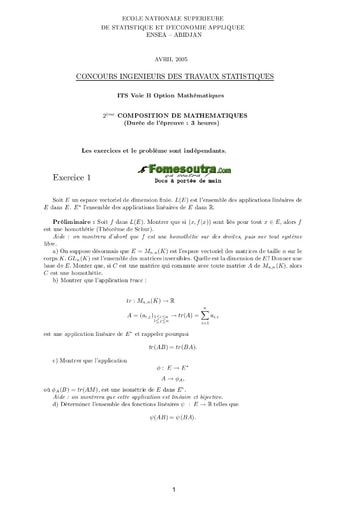 Sujet 2ème épreuve de maths ITS B option Maths 2005 (ENSEA)