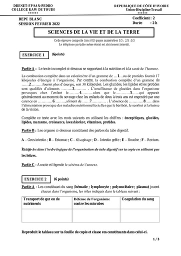 Sujet et corrigé SVT BEPC blanc collège K.A.W de Touih dren de san pedro