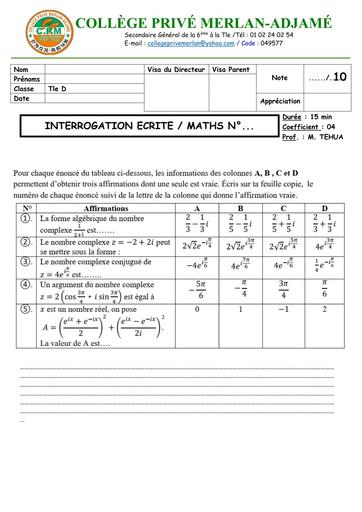 INTERROGATION ECRITE MATHS Niveau Tle D sur Nombres complexes du 12 MARS 2026