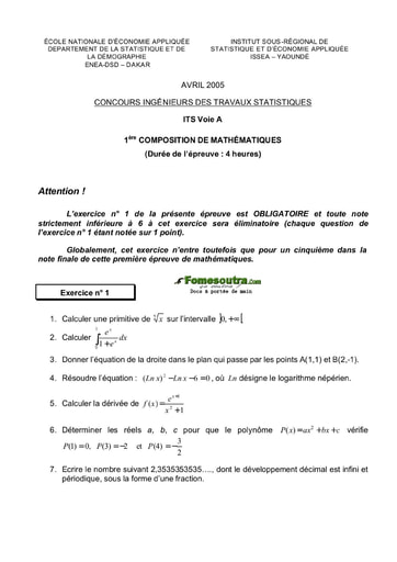 Sujet 1ère épreuve de maths ITS A 2005 (ENSAE - ISSEA)