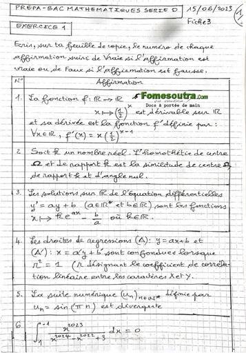 SUJETS DE MATHS PRÉPA BAC D FICHE 3 LYCÉE SCIENTIFIQUE DE YAMOUSSOUKRO 2023