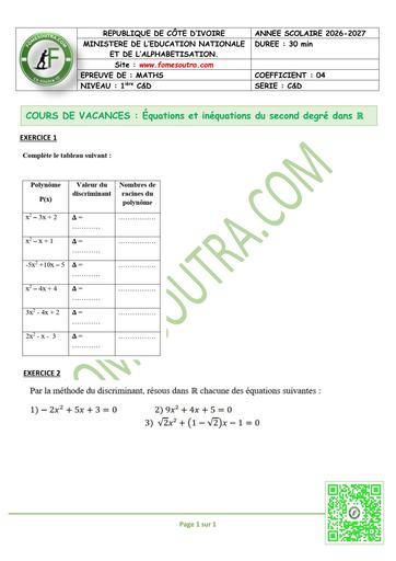 FICHE 2 MATHS 1ière C&D EQUATIONS ET INEQUATIONS DU 2nd DEGRE DANS R BY TEHUA