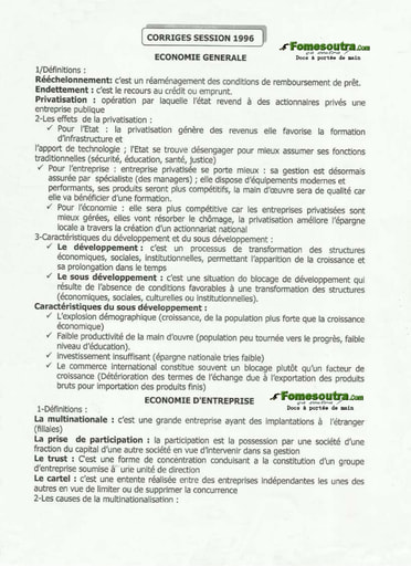 Corrigé d'Economie Générale - d'Economie Entreprise - De Droit des BAC G1 et G2 1996