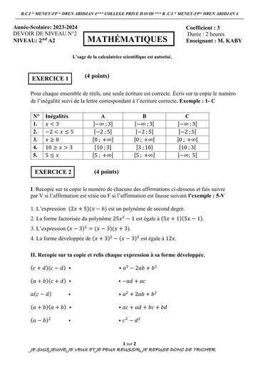 Devoir de maths 2nde A Trimestre 2 (Calculs littéral, fonction et dénombrement) By Tehua