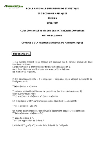 Corrigé 1ère épreuve de maths ISE option économie 2003 (ENSEA)