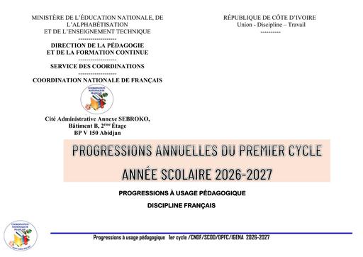 Français 1er Cycle 2627 PROGRESSIONS A USAGE PEDAGOGIQUE DPFC 2026 2027 BY TEHUA