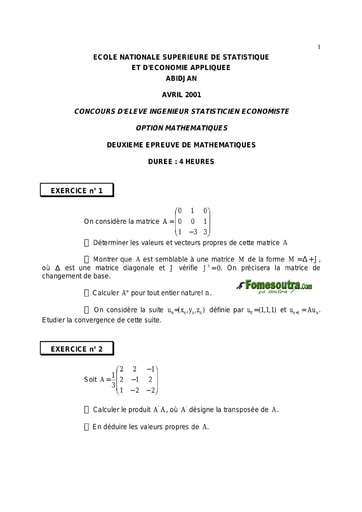 Sujet 2ème épreuve de maths ISE option maths 2001 (ENSEA)