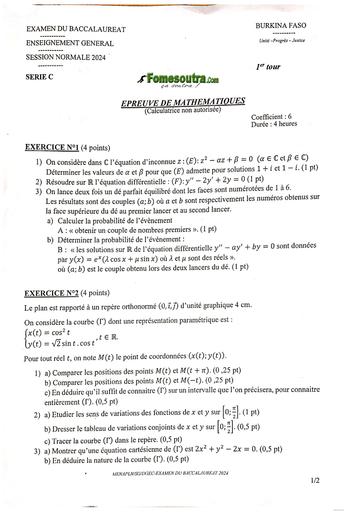 SUJET BAC 2024 MATHS SERIE C BURKINA FASO by Tehua