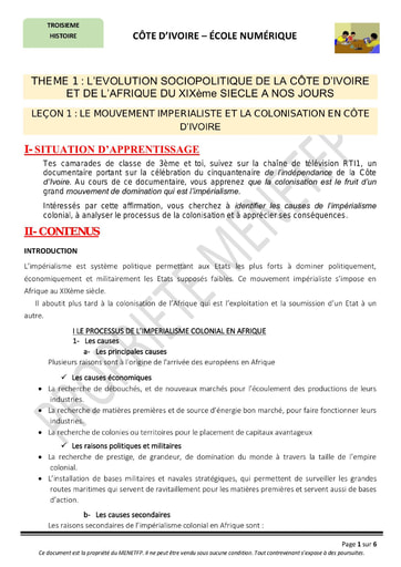 Le mouvement impérialiste et la colonisation en Côte d’Ivoire - Cours d’Histoire niveau 3eme