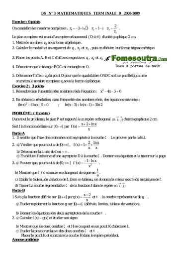 Devoir corrigé (21) de maths niveau Terminale D