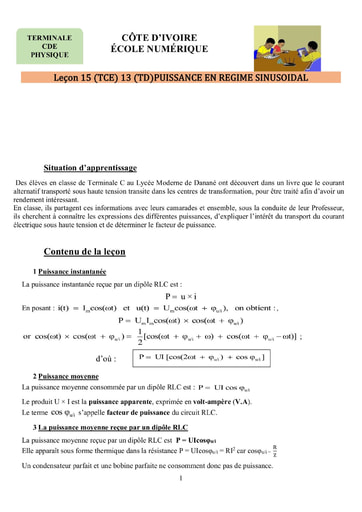 Sujets de Physique-Chimie Terminale CDE Puissance en Régime Sinusoïdal