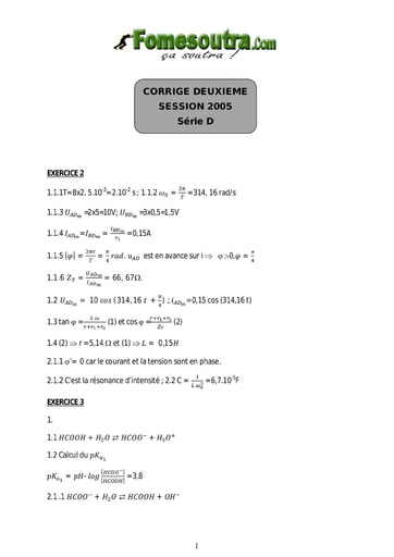 Corrigé de Physique-Chimie BAC D 2005 session remplacement