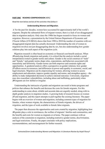 ENGLISH TEST TLe unit1 Test 2 WOMEN AND MIGRATION BY TEHUA