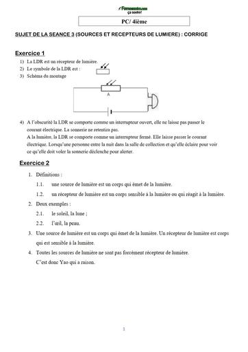 COURS DE VACANCES PC 4ième CORRIGE SUJET 3 (SOURCES ET RECEPTEURS DE LUMIERE) by TEHUA
