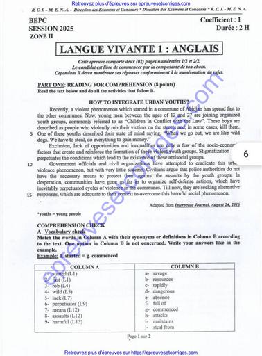 Preuve et Corrigé d’Anglais – BEPC Session 2025 Zone 2