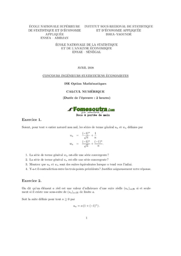 Sujet de Calcul numérique ISE option maths 2008 (ENSEA - ISSEA - ENSAE)